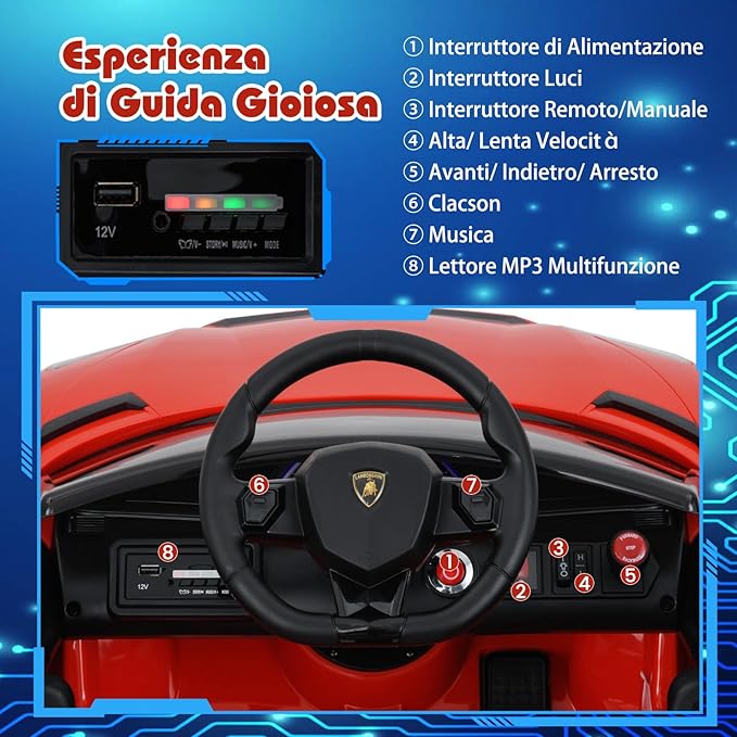 12V Lamborghini Macchina Elettrica per Bambini, Veicolo Elettrico con Telecomando Sospensione a Molla Luci LED MP3, 3-5 km/h, per Bambini 3 Anni+ (Rosso)