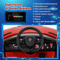 12V Lamborghini Macchina Elettrica per Bambini, Veicolo Elettrico con Telecomando Sospensione a Molla Luci LED MP3, 3-5 km/h, per Bambini 3 Anni+ (Rosso)