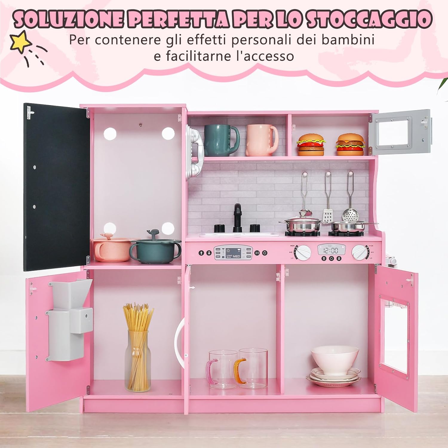 Set da Cucina per Bambini con Lavagna, Telefono, Microonde, Fabbricatore di Ghiaccio, Giocattolo da Cucina in Legno con Accessori e Suoni Simulati per Ragazzi di 3-6 Anni (Rosa)