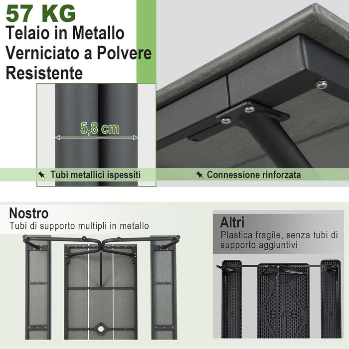Tavolo con Panche da Esterno, Tavolo da Pranzo 183 CM con 2 Panche per 8 Persone, Tavolo da Picnic in Metallo e HDPE con Foro per Ombrellone, per Giardino Terrazzo (Grigio)