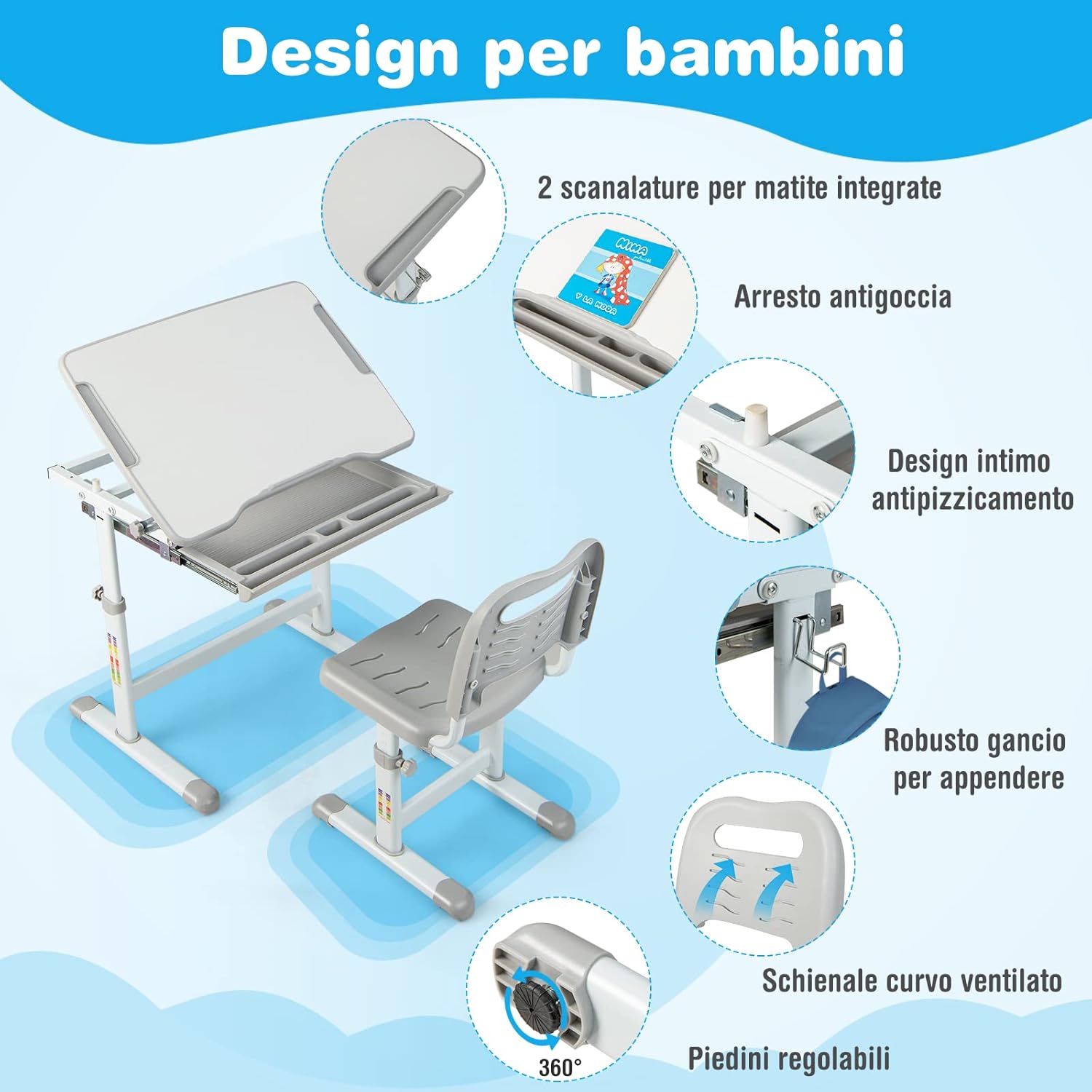 Set Scrivania e Sedia per Bambini, Set Tavolo con Altezza Regolabile per Bambini, Tavolo per Studiare con Superficie Inclinabile (Grigio)