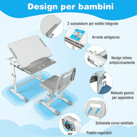 Set Scrivania e Sedia per Bambini, Set Tavolo con Altezza Regolabile per Bambini, Tavolo per Studiare con Superficie Inclinabile (Grigio)