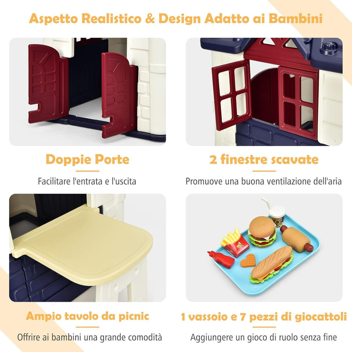 Casetta per Bambini con Porte e Finestre, Casetta Giocattolo con Tavolo, Set Giocattolo con 7 Pezzi, Ideale per Bambini 3-8 Anni, 164x124x132 cm (Blu)