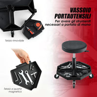 Sgabello da Officina con Ruote, con Ripiano per Attrezzi e Viti, Portata di 150 kg, Altezza Regolabile e Girevole, Sedia Meccanico per Garage, Officina (Nero)