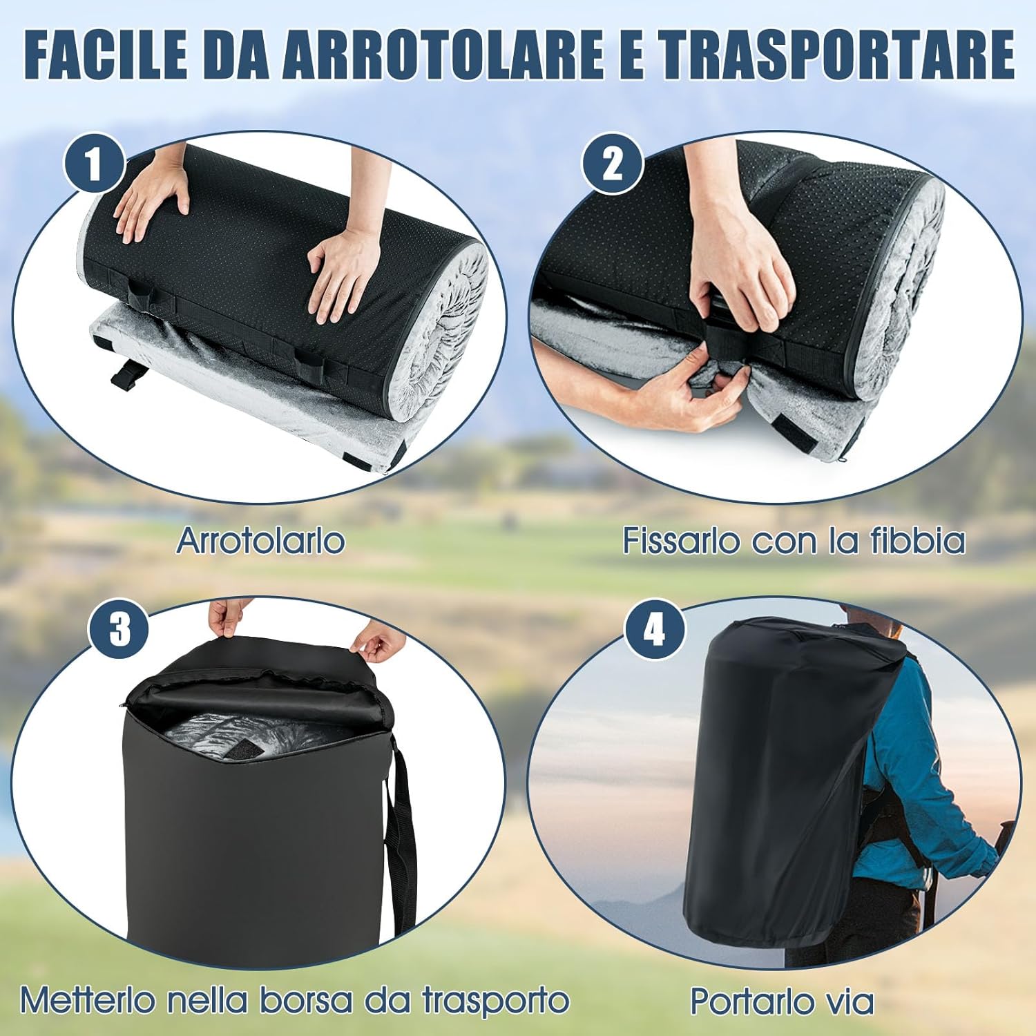 Materasso da Campeggio Impermeabile in Memory Foam, Materassino Portatile con Borsa di Trasporto, Base Antiscivolo, Componibile ed Ergonomico, 183 x 62,5 x 6,5cm