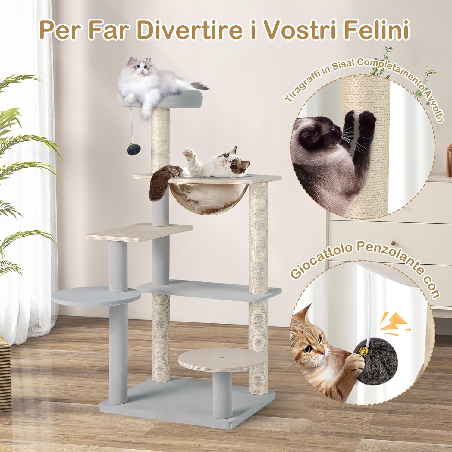 Tiragraffi per Gatto Alto 113 cm con Capsula Spaziale, Albero Tiragraffi Gatti con 4 Pali in Sisal, Piattaforme, Trespolo e Pompon, Torre Gatto in Legno Solido, Naturale e Grigio