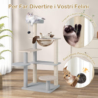 Tiragraffi per Gatto Alto 113 cm con Capsula Spaziale, Albero Tiragraffi Gatti con 4 Pali in Sisal, Piattaforme, Trespolo e Pompon, Torre Gatto in Legno Solido, Naturale e Grigio