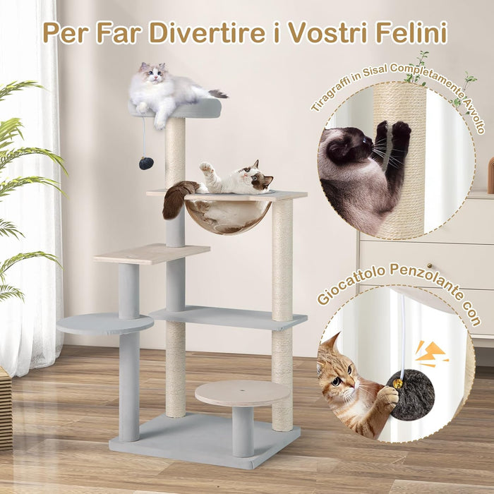 Tiragraffi per Gatto Alto 113 cm con Capsula Spaziale, Albero Tiragraffi Gatti con 4 Pali in Sisal, Piattaforme, Trespolo e Pompon, Torre Gatto in Legno Solido, Naturale e Grigio