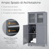 Armadietto del Bagno con 4 Ante, Armadietto con Ante di Vetro, Credenza di Legno con Mensole Regolabili, Organizer Multiuso per Casa Corridoio Salone Ufficio (Grigio)