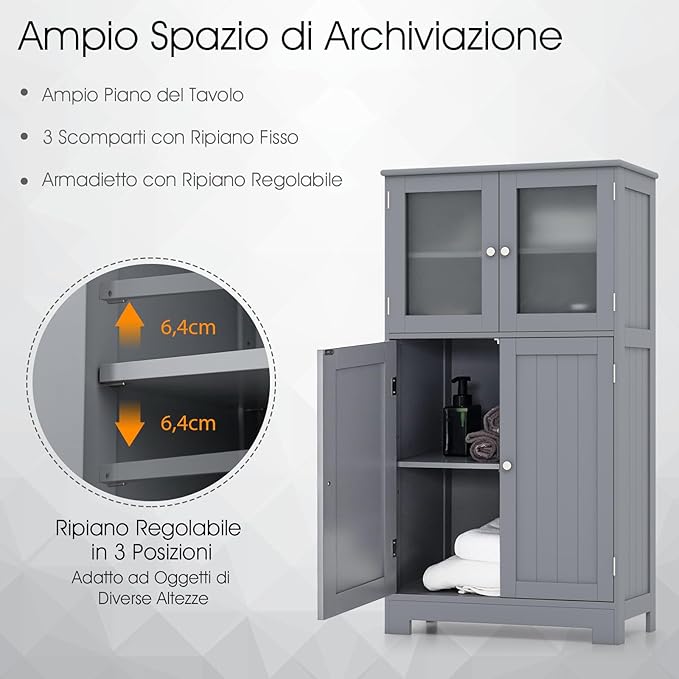 Armadietto del Bagno con 4 Ante, Armadietto con Ante di Vetro, Credenza di Legno con Mensole Regolabili, Organizer Multiuso per Casa Corridoio Salone Ufficio (Grigio)
