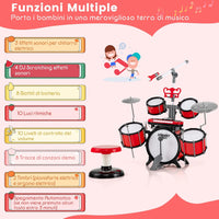 Set di Batteria per Bambini, Batteria Jazz con Tastiera Microfono e Leggio, Strumento Elettrico con Sgabello, Regalo per Bambini 3+ Anni, Rosso