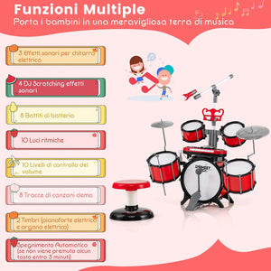Set di Batteria per Bambini, Batteria Jazz con Tastiera Microfono e Leggio, Strumento Elettrico con Sgabello, Regalo per Bambini 3+ Anni, Rosso