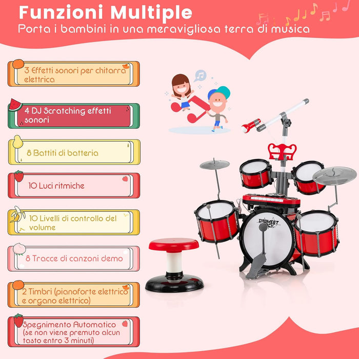 Set di Batteria per Bambini, Batteria Jazz con Tastiera Microfono e Leggio, Strumento Elettrico con Sgabello, Regalo per Bambini 3+ Anni, Rosso
