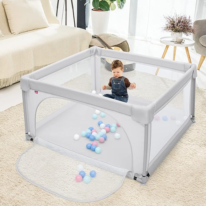Box per Bambini, Centro Attivit¨¤ Portatile con Cancelli di Sicurezza, con Ventose Antiscivolo, Pareti a Rete Traspirante e 2 Anelli per Bambini, Cancello per Giocare con Palline (Grigio)