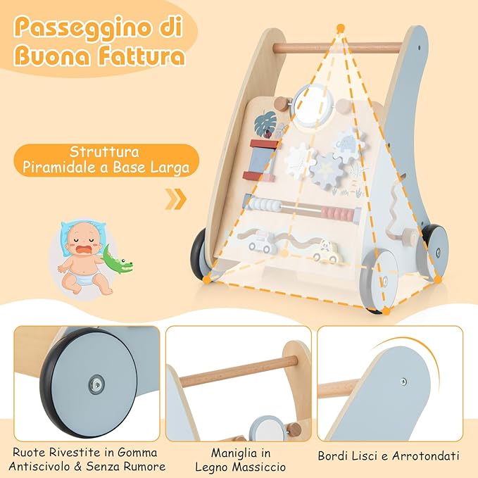 2 in 1 Girello Neonato in Legno, Carrello Primi Passi per Bambini, con Giocattoli Montessori, Scomparto Portaoggetti, per Bambini 3+ Anni