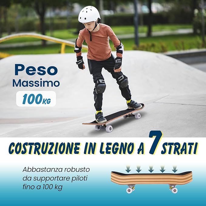 Skateboard Mini Cruiser Completa Longboard in Legno di Acero, Colori a Scelta, 79 x 20 cm