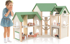 Casa delle Bambole ad Angolo in Legno, Casa delle Bambole a 3 Piani con 36 Mobili e Accessori, 6 Stanze, Balconi e Garage, per bambini 3 Anni+, 87 x 37 x 83 cm