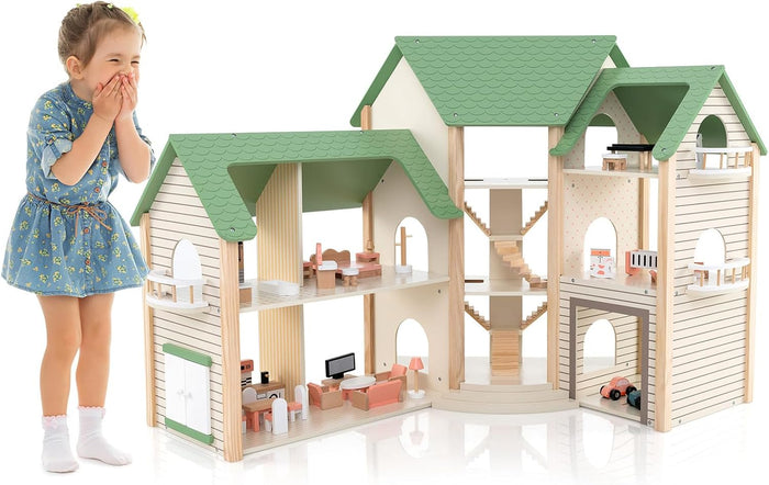 Casa delle Bambole ad Angolo in Legno, Casa delle Bambole a 3 Piani con 36 Mobili e Accessori, 6 Stanze, Balconi e Garage, per bambini 3 Anni+, 87 x 37 x 83 cm