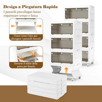 Comodino in Plastica Multipiano con Coperchio 168 L, Scatole Impilabili con 4 Ruote e Freni, Contenitori di Stoccaggio Pieghevole, per Soggiorno, Camera da Letto e Bagno, Bianco (4 Ripiani)
