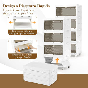Comodino in Plastica Multipiano con Coperchio 168 L, Scatole Impilabili con 4 Ruote e Freni, Contenitori di Stoccaggio Pieghevole, per Soggiorno, Camera da Letto e Bagno, Bianco (4 Ripiani)
