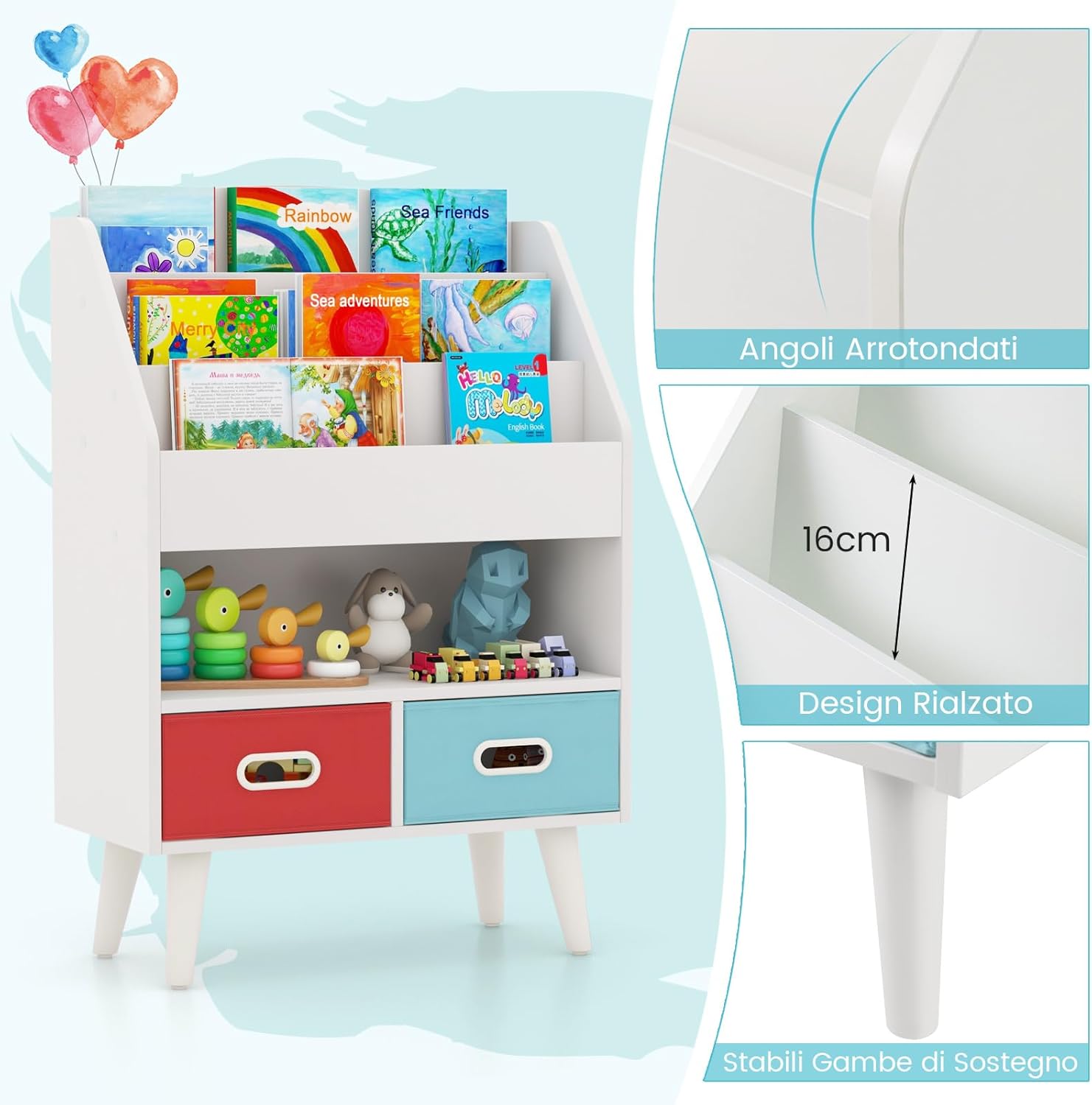 Libreria per Bambini, Scaffale in Legno per Bambini con 3 Ripiani, Scomparto Aperto e 2 Cassetti in Tessuto Pieghevoli, Organizzatore per Giocattoli, 63x30x97 cm (Bianco)