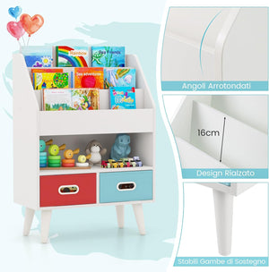 Libreria per Bambini, Scaffale in Legno per Bambini con 3 Ripiani, Scomparto Aperto e 2 Cassetti in Tessuto Pieghevoli, Organizzatore per Giocattoli, 63x30x97 cm (Bianco)