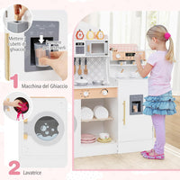 Cucina Giocattolo con Macchina da Caffè e del Ghiaccio, Cucina per Bambini in Legno con Lavatrice, Microonde, Fornelli e Lavandino, Set Cucina con 27 Accessori, 106 x 30 x 105 cm (Bianco)