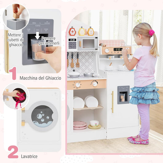 Cucina Giocattolo con Macchina da Caffè e del Ghiaccio, Cucina per Bambini in Legno con Lavatrice, Microonde, Fornelli e Lavandino, Set Cucina con 27 Accessori, 106 x 30 x 105 cm (Bianco)