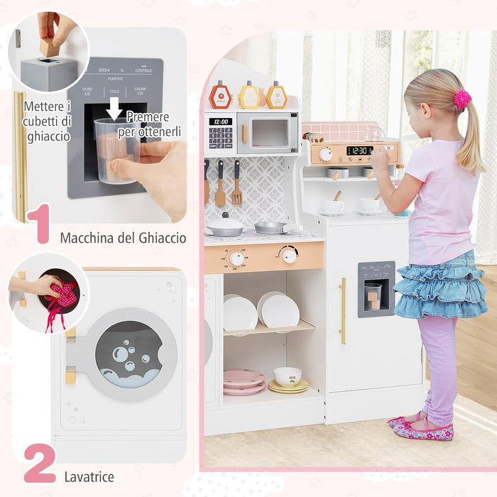 Cucina Giocattolo con Macchina da Caffè e del Ghiaccio, Cucina per Bambini in Legno con Lavatrice, Microonde, Fornelli e Lavandino, Set Cucina con 27 Accessori, 106 x 30 x 105 cm (Bianco)
