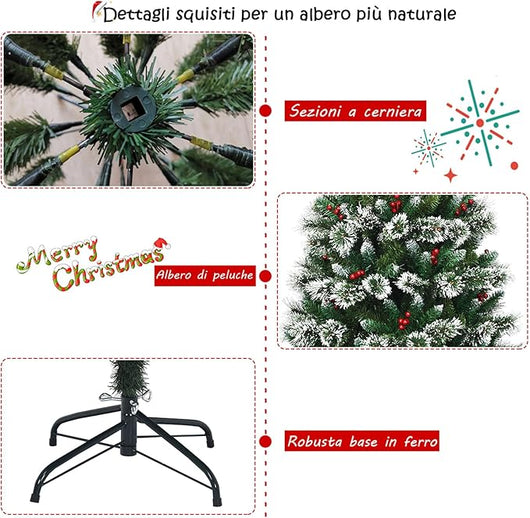 Albero di Natale Innevato 150/180/210/240 cm, Albero di Natale Artificiale con Rami, Bacche Rosse e Base di Metallo, Decorazione Natalizia per Casa, Negozio e Ufficio (150 CM)