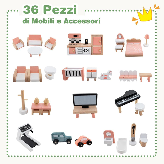 Casa delle Bambole ad Angolo in Legno, Casa delle Bambole a 3 Piani con 36 Mobili e Accessori, 6 Stanze, Balconi e Garage, per bambini 3 Anni+, 87 x 37 x 83 cm
