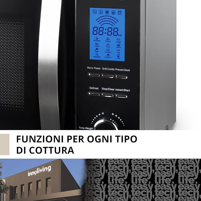 Innoliving Forno a Microonde 23 Litri INN-862S, 800W con Grill, 5 Livelli di Potenza, Funzione Scongelamento, Timer 60 Minuti, Design Elegante in Acciaio, Perfetto per Riscaldare, Cuocere e Scongelare