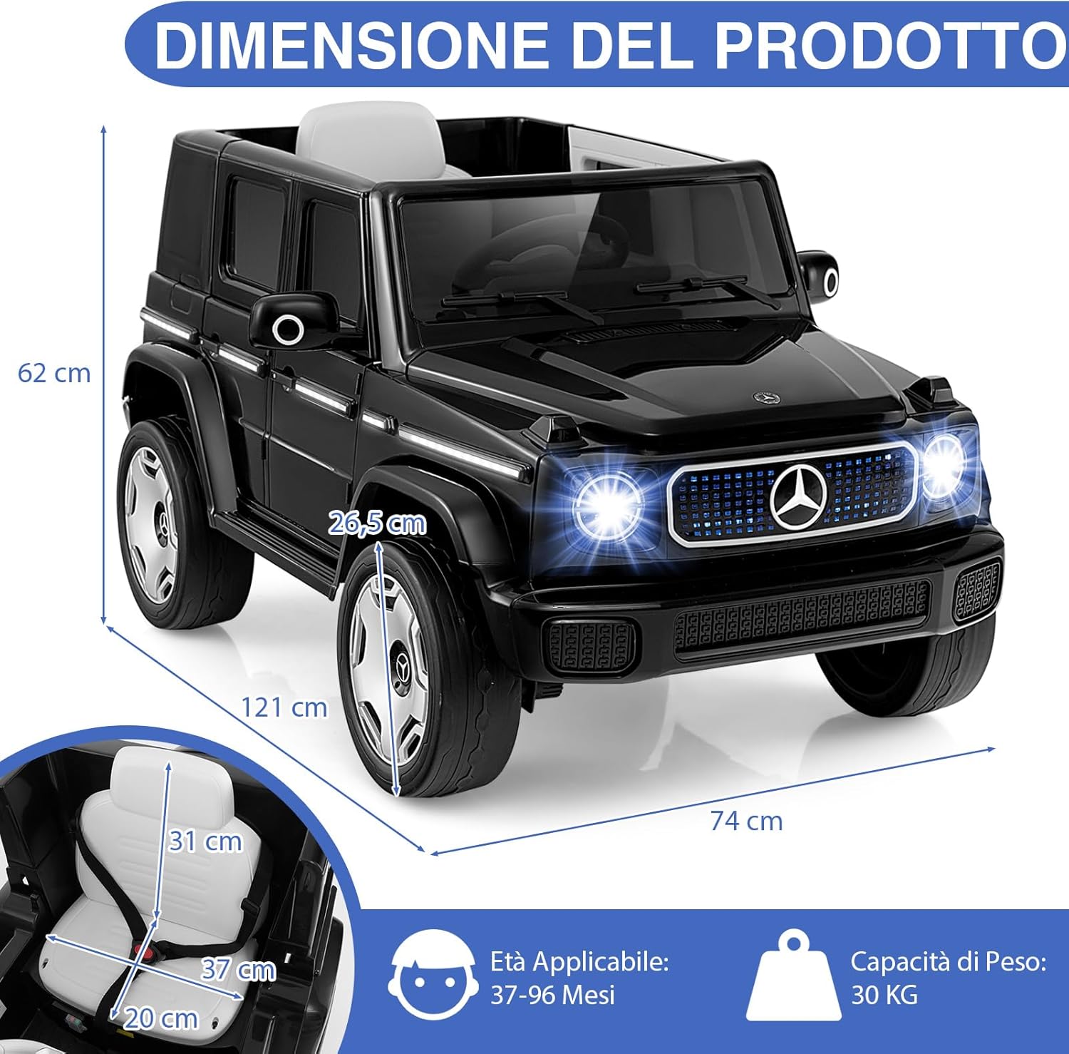Benz Auto Cavalcabile per Bambini, Veicolo Elettrico 4WD con Telecomando Luci Musica e Clacson, Sospensione a Molla, 3-5 KM/H, per 37-96 Mesi (Nero)