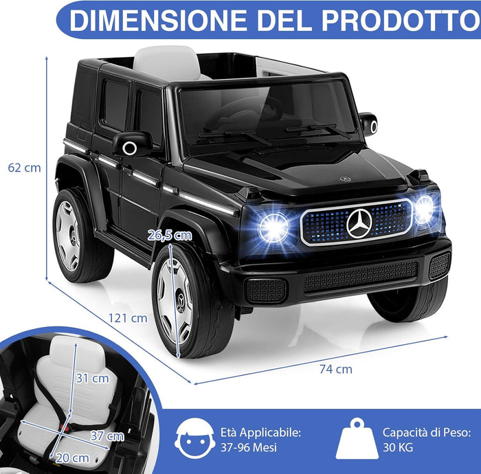 Benz Auto Cavalcabile per Bambini, Veicolo Elettrico 4WD con Telecomando Luci Musica e Clacson, Sospensione a Molla, 3-5 KM/H, per 37-96 Mesi (Nero)
