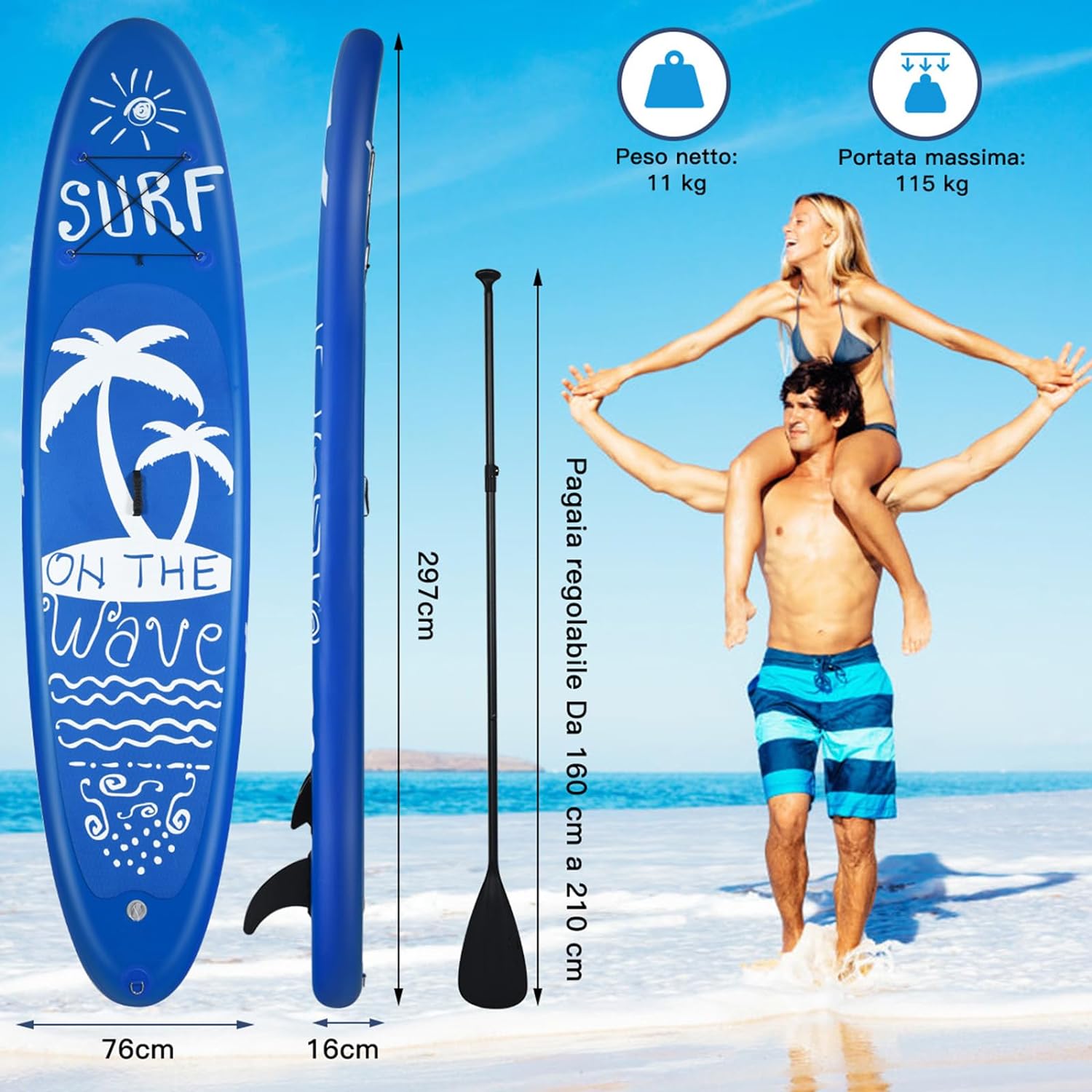 SUP Stand Up Paddle Board Tavola da SUP Gonfiabile con Borsa e Pinne