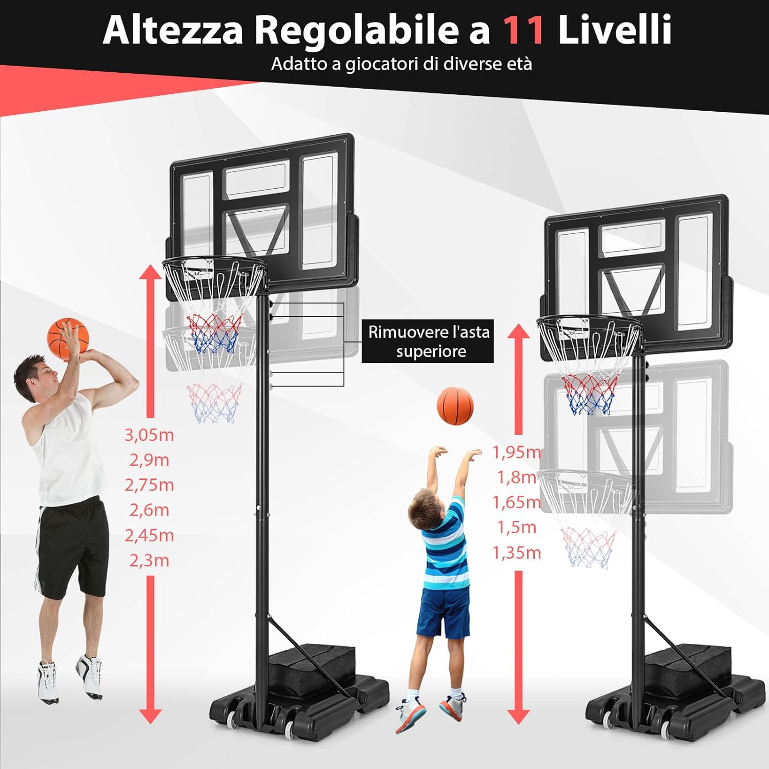 Canestro da Basket Regolabile in Altezza a 11 Livelli, Canestro da Basket Portatile con Tabellone da 110 CM, Base Riempibile e Sacca Peso, Canestro da Basket per Interno ed Esterno