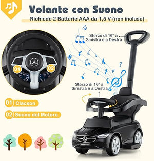 3 in 1 Auto a Spinta, Mercedes-Benz Macchina Cavalcabile, con Schienale Regolabile Suono Barra di Spinta e Tettuccio, per Bambini 18-36 Mesi (Nero)