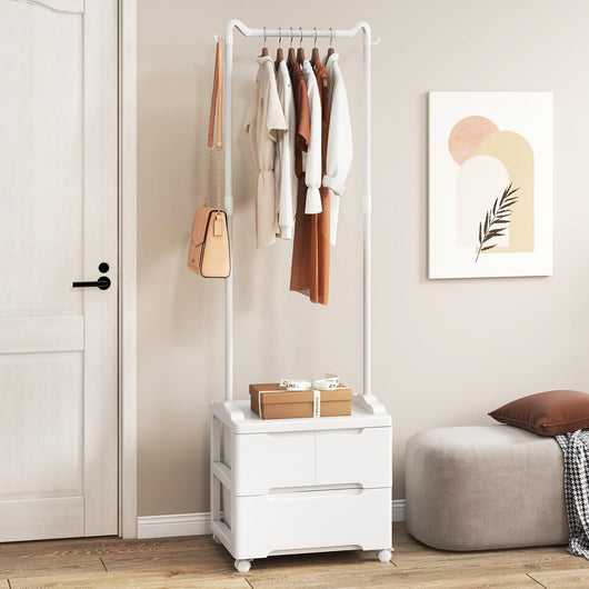 Appendiabiti con 3 Cassetti e Ruote Bloccabili, Stand Appendiabiti Girevole con Ganci Laterali e Barra per Appendere, per Camera da Letto Soggiorno Ingresso, 46x38x157 cm