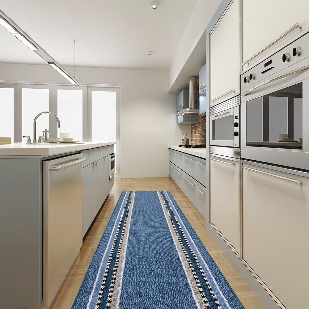 Tappeto Cucina 57x400 cm Antiscivolo Made in Italy Passatoia Corsia Bordata Ingresso Lavabile Blu
