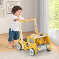 2-in-1 Carrello da Spinta in Legno, Girello per Bambini con Attrezzi Regolabili, Primi Passi con Banco da Lavoro, con Giocattoli Montessori,Velocità Regolabile, per Bambini 3+ Anni
