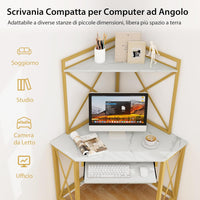 Scrivania Angolare con Prese, Scrivania ad Angolo con Ripiani, Porta Tastiera Estraibile e Struttura in Metallo, Scrivania Salvaspazio per Ufficio e Casa(bianco e oro)