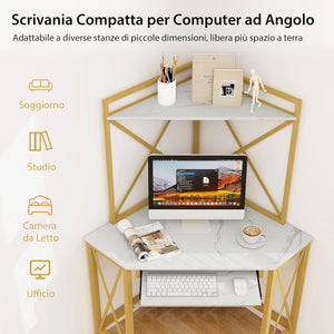 Scrivania Angolare con Prese, Scrivania ad Angolo con Ripiani, Porta Tastiera Estraibile e Struttura in Metallo, Scrivania Salvaspazio per Ufficio e Casa(bianco e oro)