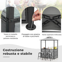 Set Bar da Patio a 3 Pezzi, Gazebo per Griglia e 2 Sgabelli da Bar con Tavolo in Vetro Temperato, Ripiani in Metallo, Portabicchieri, per Giardino Cortile e Spiaggia (Grigio)