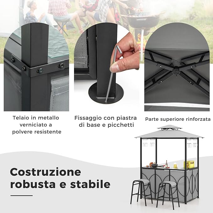 Set Bar da Patio a 3 Pezzi, Gazebo per Griglia e 2 Sgabelli da Bar con Tavolo in Vetro Temperato, Ripiani in Metallo, Portabicchieri, per Giardino Cortile e Spiaggia (Grigio)