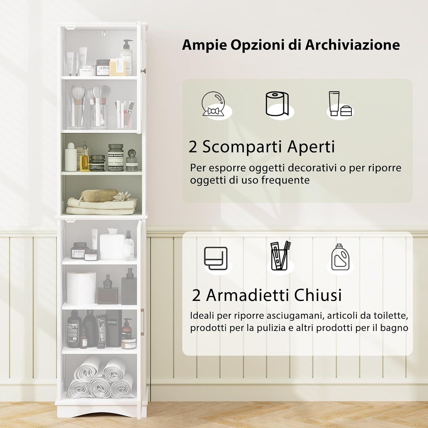 Mobile Bagno 40 x 30 x 170,5cm, Armadietto a Colonna Stretto e Alto con 5 Ripiani Regolabili e 2 Porte, Armadio da Terra in Legno per Soggiorno, Camera da Letto, Salotto e Cucina (Bianco)