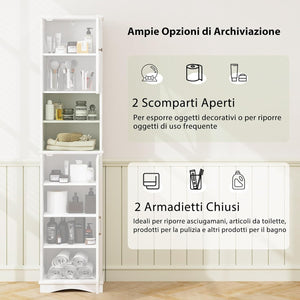 Mobile Bagno 40 x 30 x 170,5cm, Armadietto a Colonna Stretto e Alto con 5 Ripiani Regolabili e 2 Porte, Armadio da Terra in Legno per Soggiorno, Camera da Letto, Salotto e Cucina (Bianco)