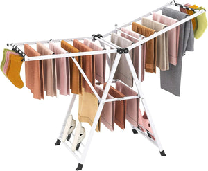 Stendibiancheria con 18 Barra, Stendino Pieghevole in Metallo con Ali Regolabili in Altezza, Clips per Calzini, Supporto per Abbigliamento Autoposante a Ali per Interno Esterno (Bianco)