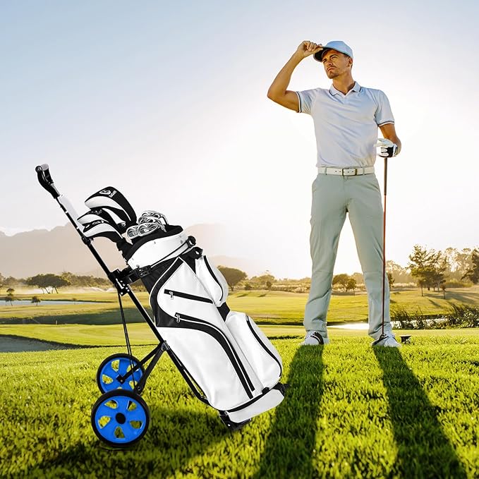 Carrello da Golf Pieghevole con 2 Ruote, Carrello da Golf in Ferro con Tabellone Segnapunti, 140 x 63,5 x 113 cm, Nero(Blu)