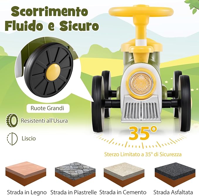 Auto a Spinta per Bambini, macchina cavalcabile con Suono e Spazio di Archiviazione, Auto Scorrevole a Piedi con Volante per Bambini 19-36 Mesi (Verde)