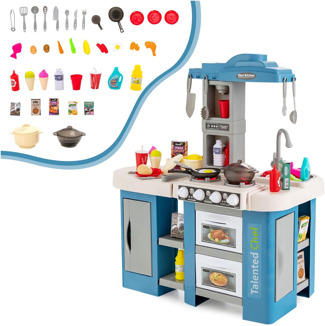 Cucina Giocattolo con Set di Accessori Cibo e Utensili, Cucina per Bambini con Suoni e Luci, Lavandino, Rubinetto, Scaffali, Forni e Fornelli, per Bambini 3+ Anni (Blu)
